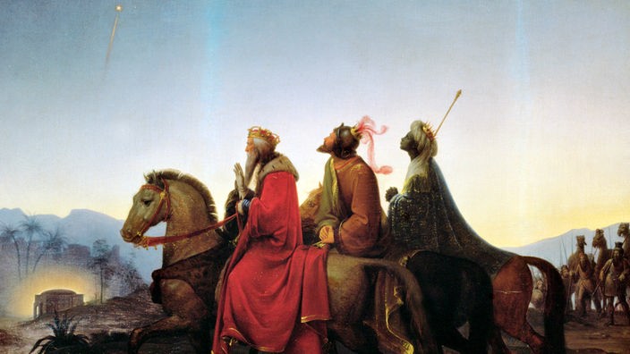 Gemälde: Heilige drei Könige auf Pferden blicken zum Himmel