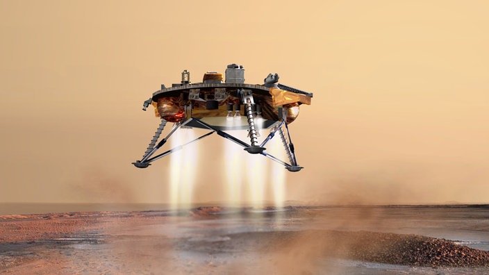 Künstlerische Darstellung der Phoenixsonde wenige Sekunden vor ihrer Landung auf der Marsoberfläche. | Bildquelle: NASA/JPL-Calech/University of Arizona Künstlerische Darstellung der Phoenixsonde wenige Sekunden vor ihrer Landung auf der Marsoberfläche.