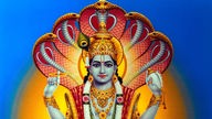 Illustration des hinduistischen Sonnengottes Vishnu. Eine Gestalt mit vier Armen, in deren Händen er vier Insignien hält. 