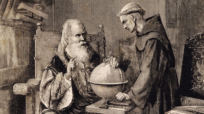 Zeichnung: Galileo Galilei erklärt einem Ordensbruder seine Theorie