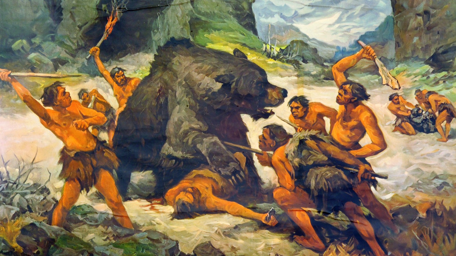 Первобытный 11. Загонная охота неандертальцы. Древние люди неандертальцы охота. Васнецов каменный век. Пещерные медведи Кайнозойская Эра.