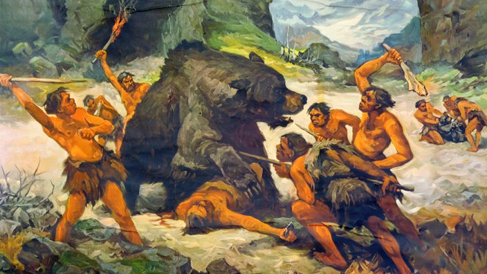 Schulwandbild: Neandertaler jagen Höhlenbär