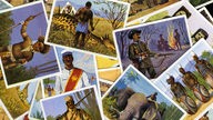 Eine Collage aus Zigarettenbildern mit Afrika-Motiven, unter anderem von der Großwildjagd.