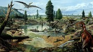 Künstlerische Darstellung eines Sees vor 130 Millionen Jahren an dem sich zahlreiche unterschiedliche Saurier befinden, aber auch kleine Säugetiere.