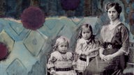 Ein altes Foto von einer Frau mit zwei Mädchen, das teilweise mit Wasserfarbe übermalt ist
