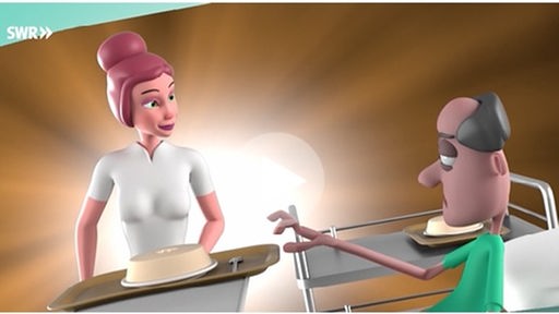 Animation: Frau stellt Patient im Bett Essen hin.