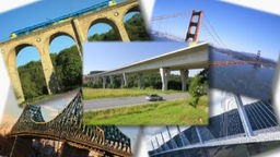 Fünf Fotos von verschiedenen Brückentypen, wie zum Beispiel die Golden Gate Bridge.
