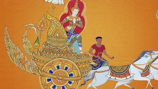 Buddhismus-Begründer Siddhartha Gautama auf einem Thron, der von zwei weißen Pferden gezogen wird