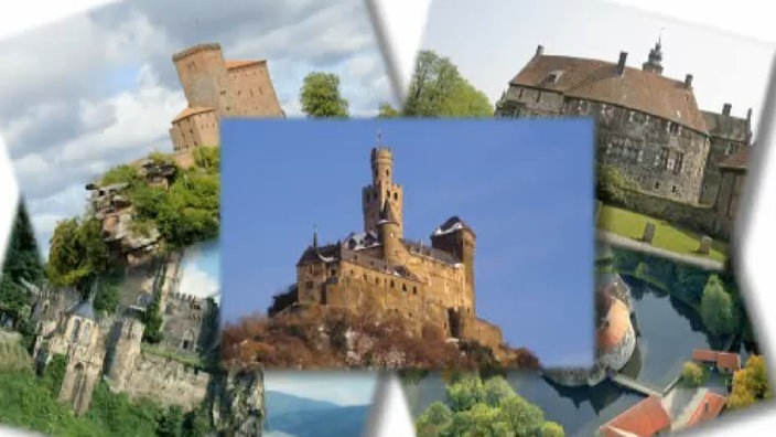 Fotos von verschiedenen Burgen und Burganlagen.