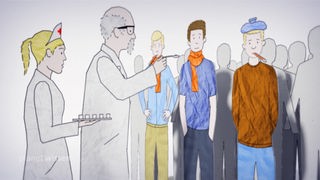 Comic-Zeichnung: Arzt verabreicht auf einem Löffel Patienten die Medizin