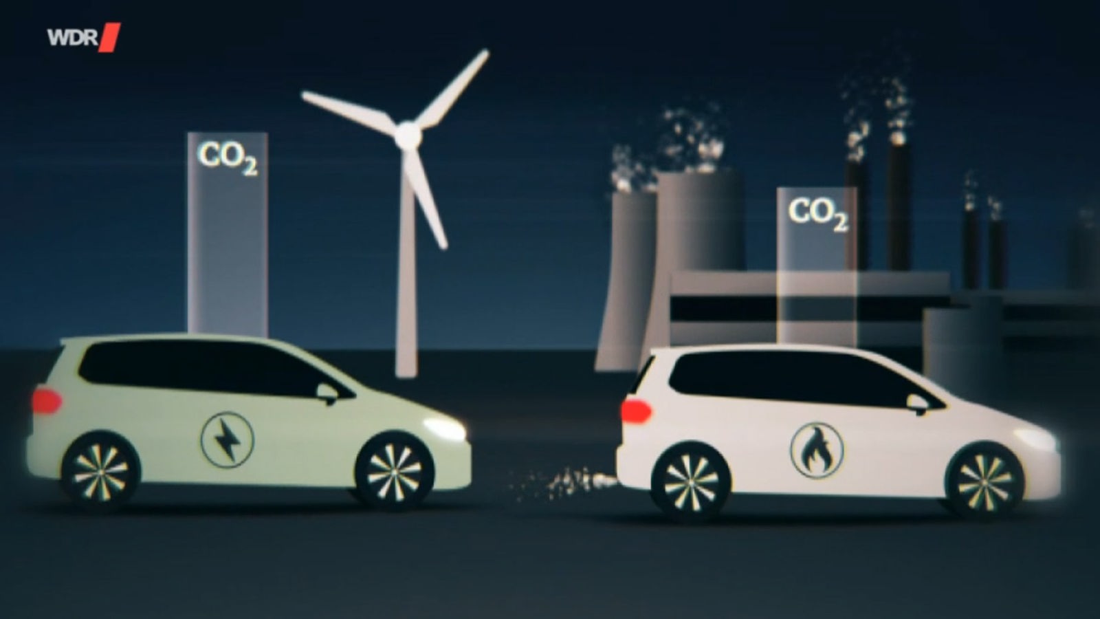 Grafik: Ein Elektroauto und ein Benziner fahren an einem Windrad und einem Kohlekraftwerk vorbei