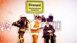 Collage aus Bildern mit ehrenamtlichen Tätigkeiten: Schöffen, Feuerwehr, Unterstützung von alten Menschen
