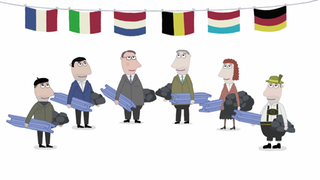 Zeichnung von sechs Menschen unter sechs europäischen Flaggen