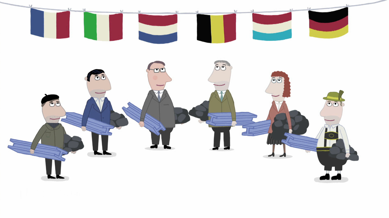 Zeichnung von sechs Menschen unter sechs europäischen Flaggen