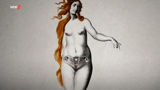 Historisch wirkende Zeichnung einer nackten Frau mit Gebärmutter