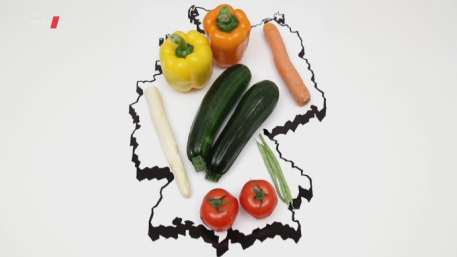 Auf weißem Untergrund wurden die Umrisse Deutschlands gezeichnet. Darauf liegen verschiedene Gemüse wie Möhren, Paprika und Tomaten.