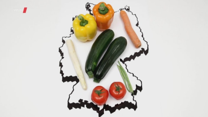 Auf weißem Untergrund wurden die Umrisse Deutschlands gezeichnet. Darauf liegen verschiedene Gemüse wie Möhren, Paprika und Tomaten.