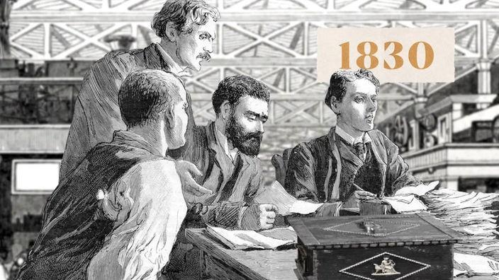 Zeichnung: Vier Männer sitzen an einem Tisch mit Dokumenten, dazu die Jahreszahl 1830