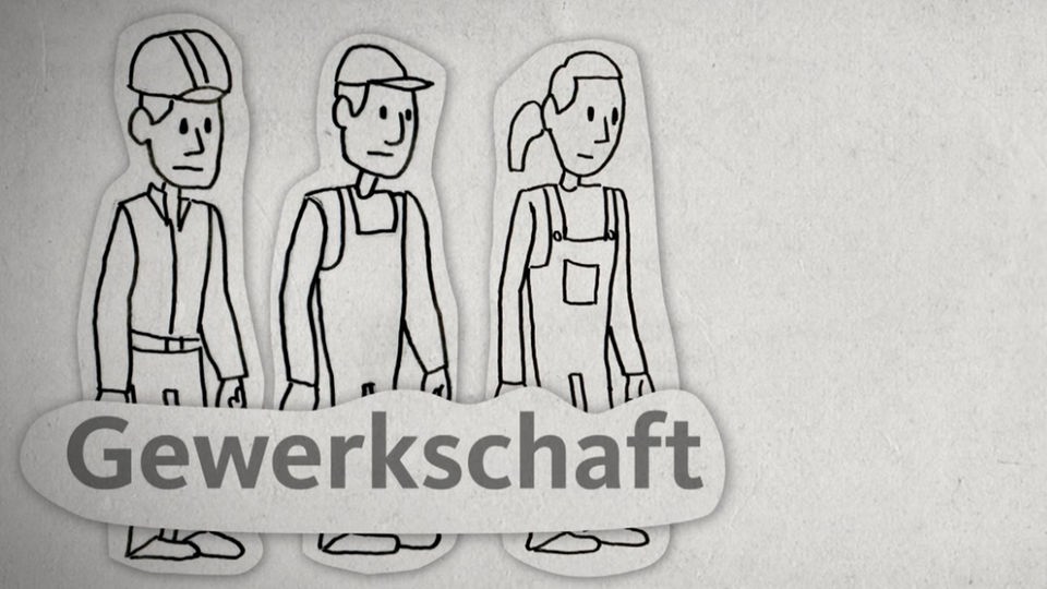 Drei gezeichnete Menschen in Arbeitskleidung und das Wort "Gewerkschaften"