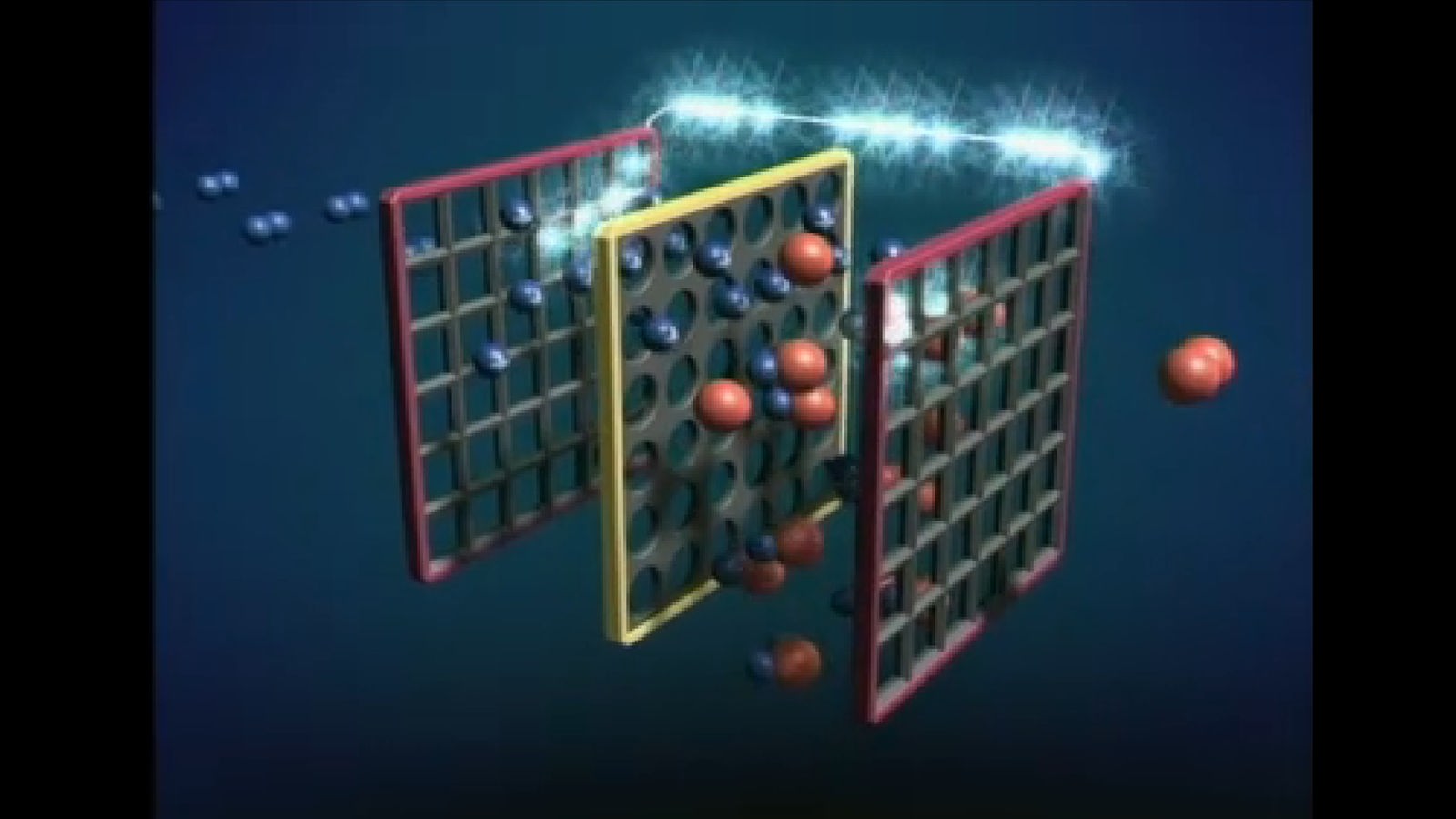 Animation von Ionen und Elektronen.