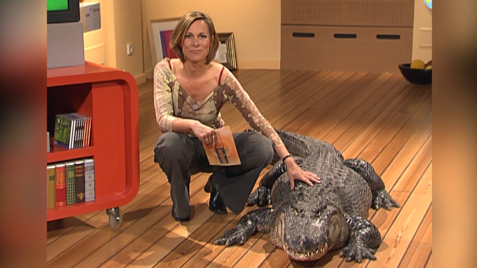 Moderatorin im Studio mit einem Alligator