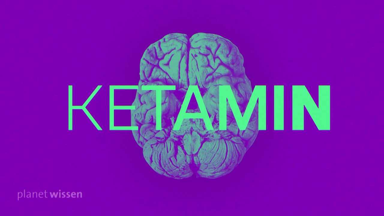 Grafik: Ein Gehirn von oben betrachtet. Davor der Schriftzug 'Ketamin'.