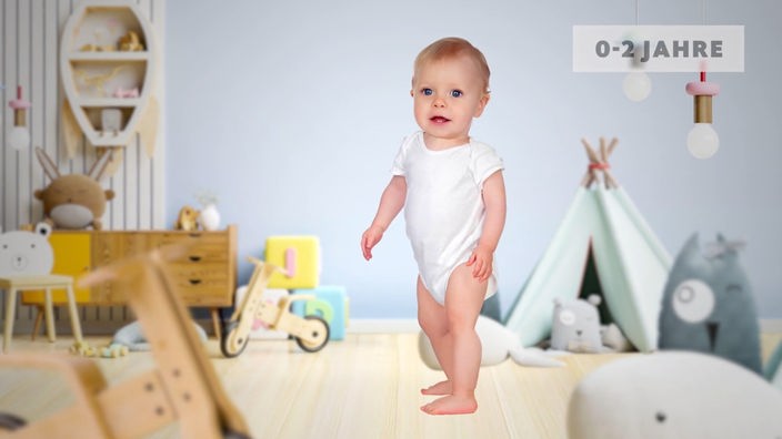 Fotomontage: Ein Kleinkind steht in einem Spielzimmer