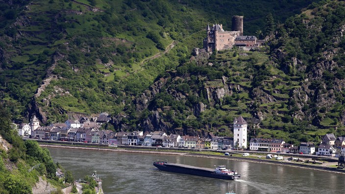 Aussicht vom Standort Loreleyblick auf Burg Katz und den Rhein