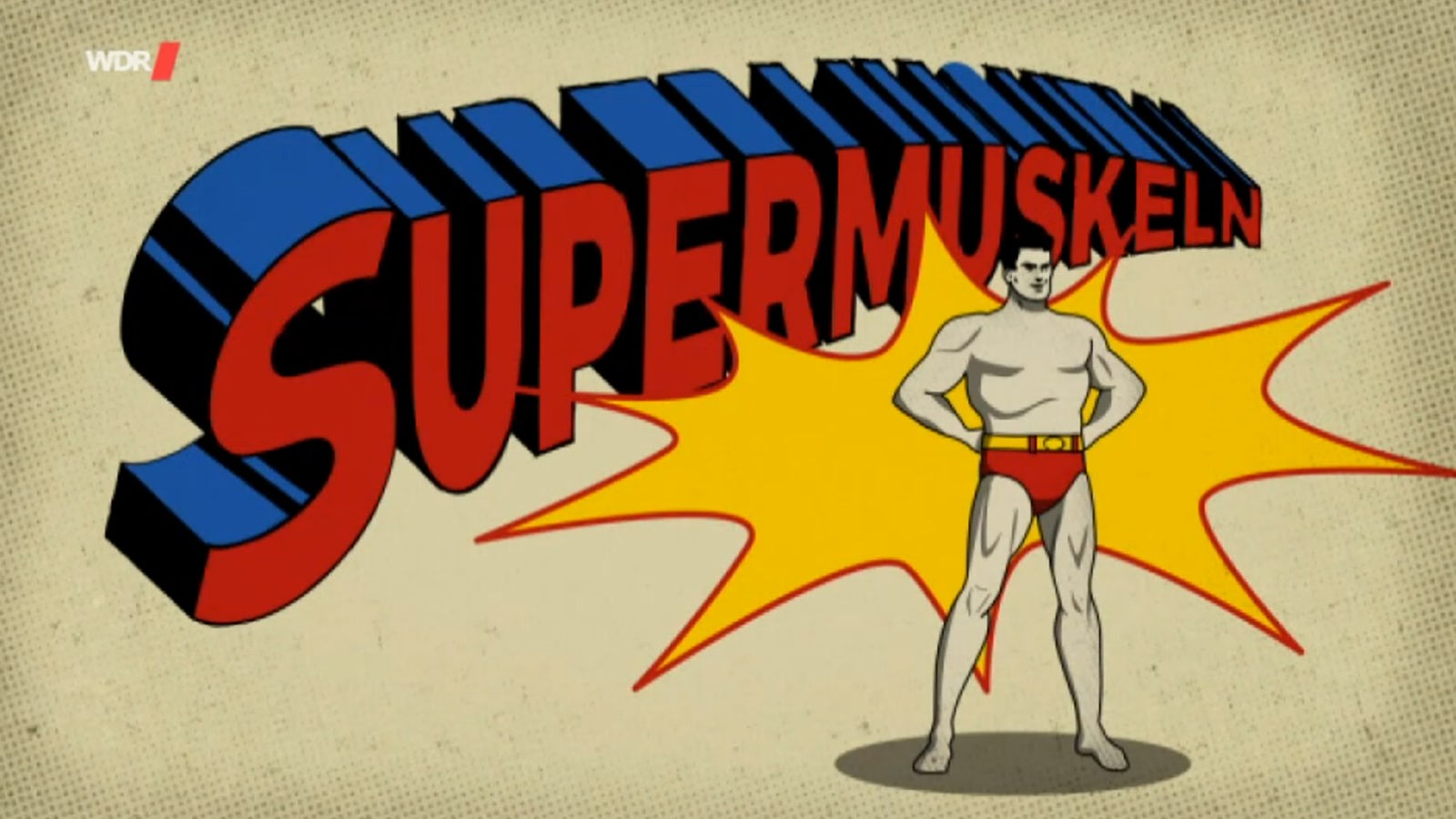 Grafik: Comic-Superman mit Schriftzug "Supermuskeln"