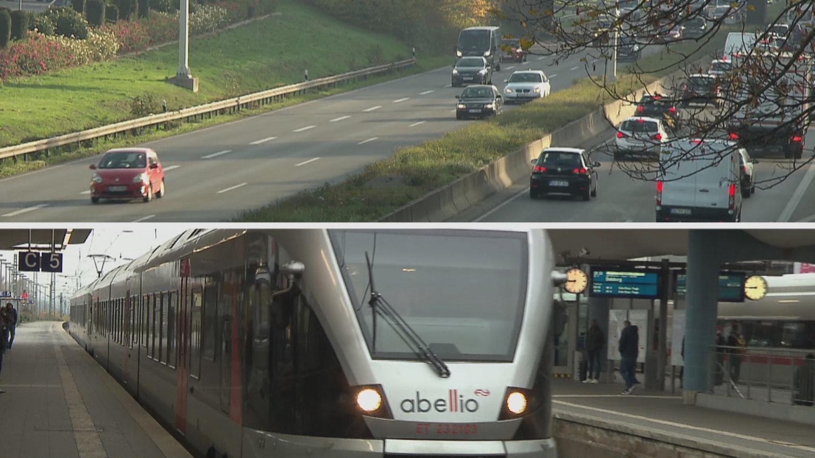 Autos auf der Autobahn und ein Pendlerzug im Bahnhof