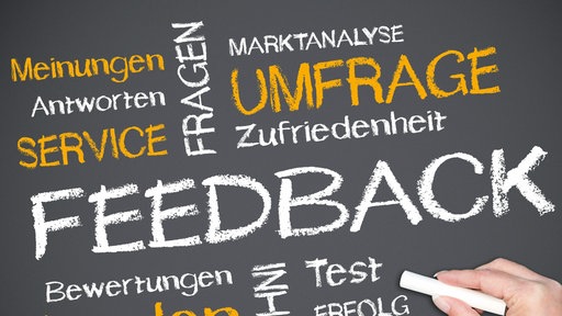Wörter auf einer Tafel: Feedback, Umfrage, Zufriedenheit und andere