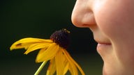 Eine Frau riecht an einer gelben Blume