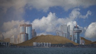 Zusammengefallene Hochhäuser am Meer in einem Sandhaufen