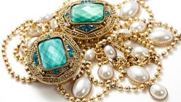 Ein Schmuckstück aus Gold, Perlen und türkisfarbenen Edelsteinen 