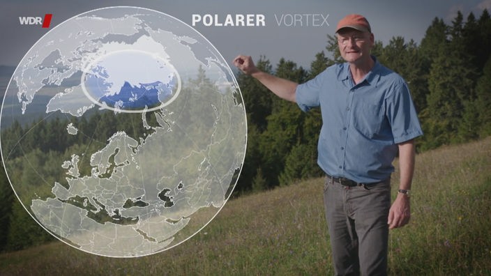 Meteorologe Sven Plöger neben einer Computergrafik der Erde, daneben die Wörter "Polarer Vortex"