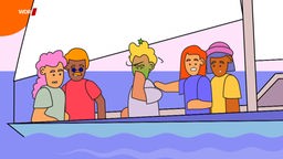 Fünf gezeichnete Personen auf einen Segelbott, einer ist grün im Gesicht