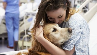 Eine Frau kuschelt mit einem Therapie-Hund.