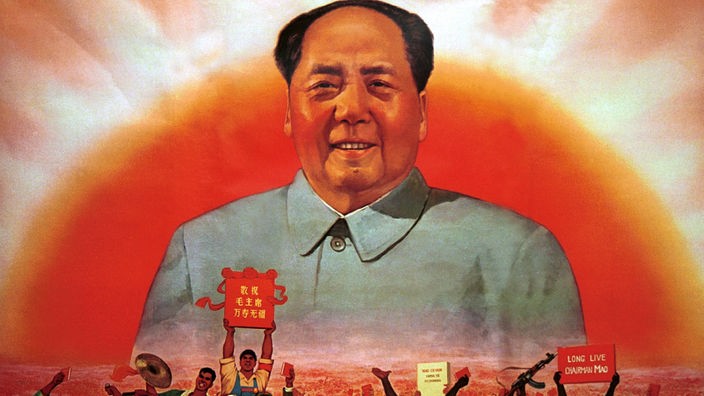 Poster mit Mao Zedong vor der aufgehenden Sonne