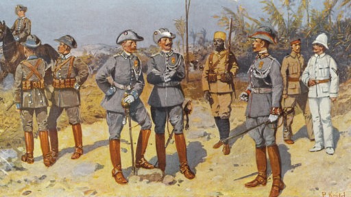 Historische Zeichnung: Kaiserlich deutsche Kolonialsoldaten in Deutsch Ostafrika