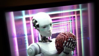 Grafische Darstellung eines menschlichen Roboters, der das Gehirn eines Menschen in seinen Roboterhänden hält und anschaut.