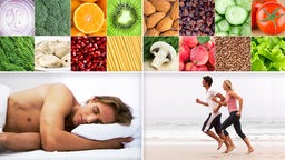 Collage mit verschiedenen Lebensmitteln, einem schlafenden Mann und einem joggenen Paar am Strand.