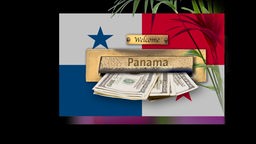 Collage mit goldenem Briefkasten, in dem Geld steckt mit der Beschriftung "Panama".