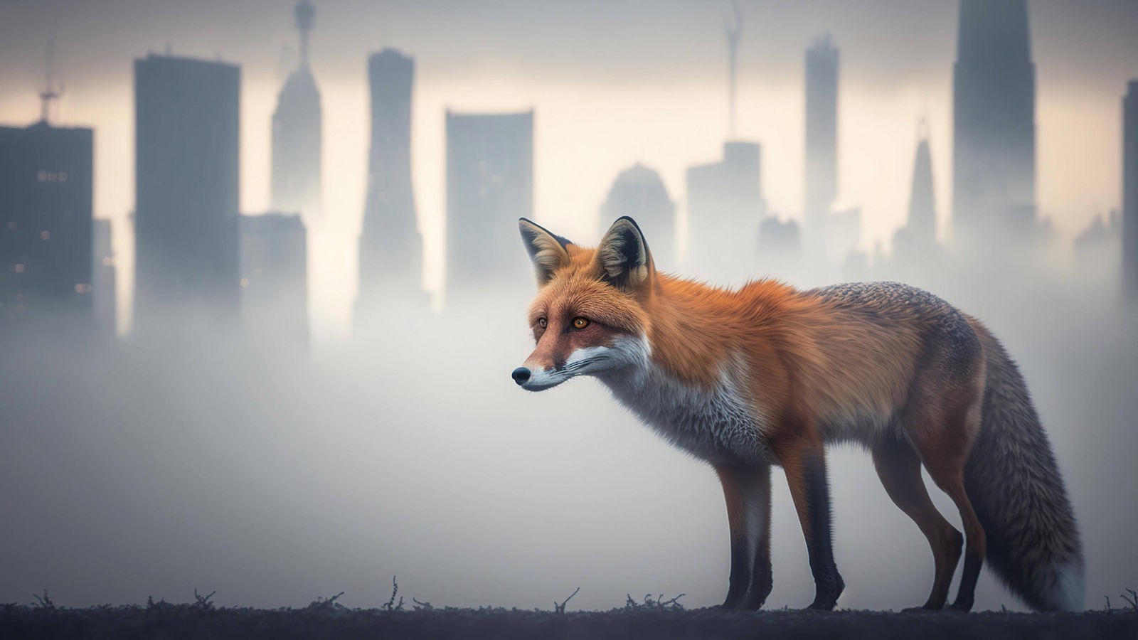 Bildmontage: Ein Rotfuchs vor der Skyline einer Großstadt