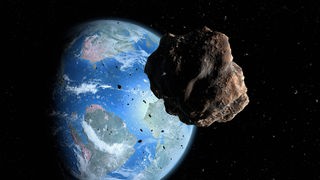Bildcollage: Die blau leuchtende Erde vor dem dunklen Weltraum, im Vordergrund ein dunkler Asteroid.