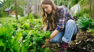 Eine junge Frau hockt bei der Gartenarbeit in einem Beet.
