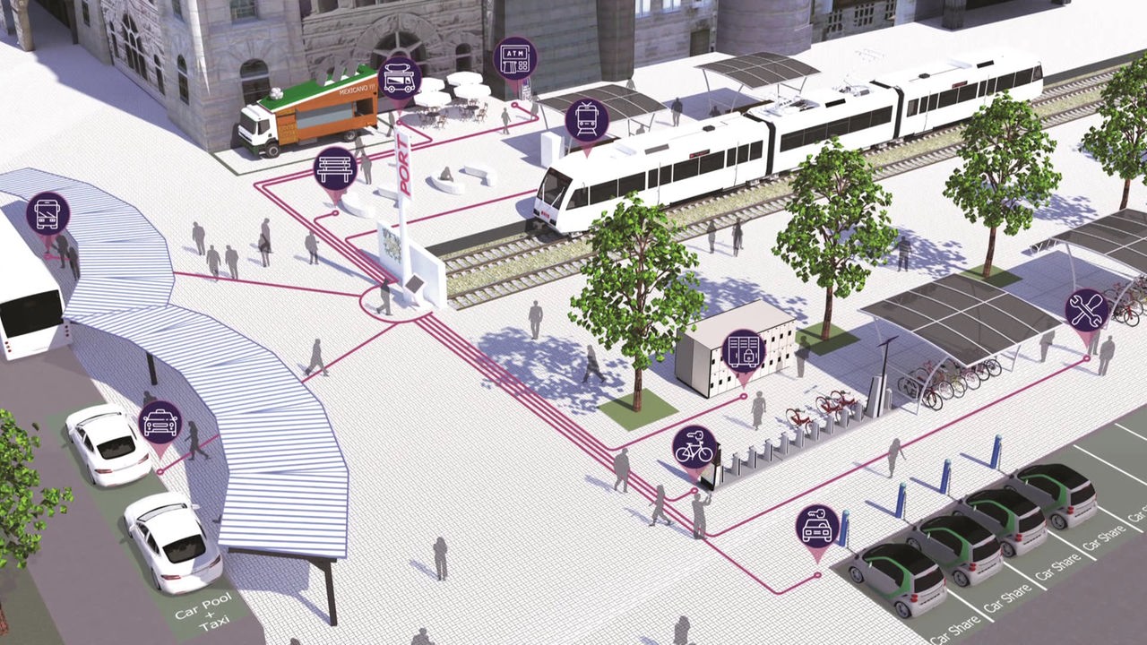 Grafische Darstellung einer Bahnstation mit Parkplätzen für Fahrräder und Carsharing