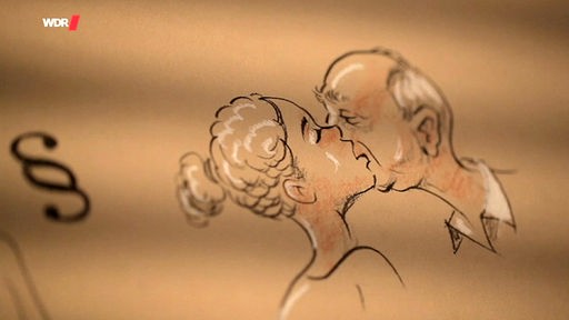 Symbolbild: links Paragrafen-Zeichen, rechts Köpfe von junger Frau und älterem Mann (Zeichnung)