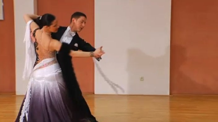 Das Tanzpaar präsentiert die fünf Standardtänze. Langsamer Walzer, Europäischer Tango, Wiener Walzer, Slowfox und Quickstep sind Standardtänze, die auf Turnieren aufgeführt werden.
