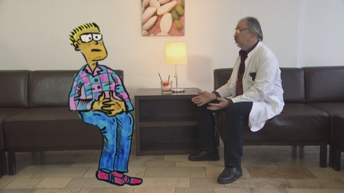 Ein Arzt im Gespräch mit einem Zeichentrick-Patientin