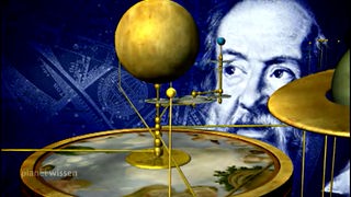 Grafik mit mechanischem Planetensystem und einem Porträt Galileo Galileis im Hintergrund.